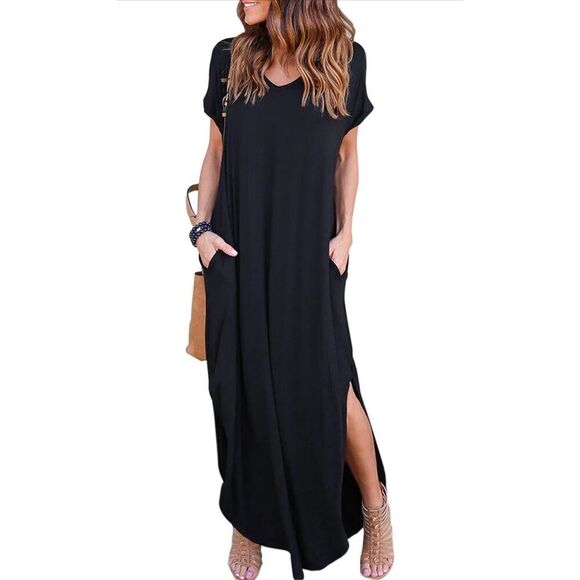 NEW Maxi Casual Loose Pockets Long Dress Split Maxi Dress M - Picture 1 of 4